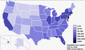 Data visualisation of inhabitants per state of USA